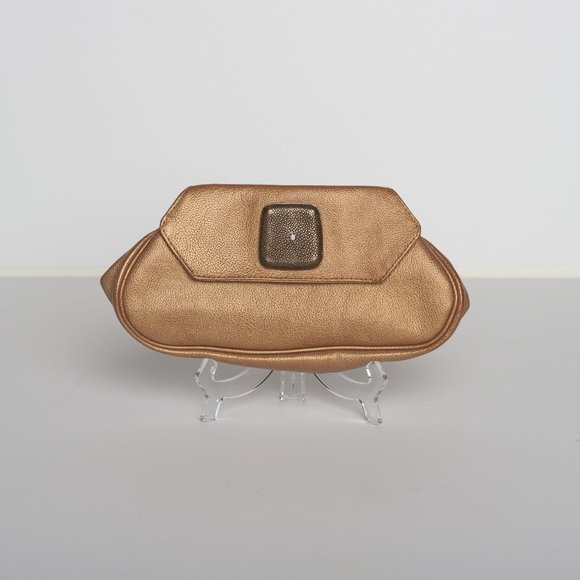 R & Y Augousti Gold Leather Clutch - Picture 1 of 4